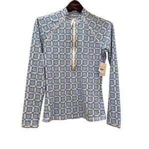 J.Crew Womens Blue White Geometric Tile Half-Zip Rash Guard UPF 50+ Medium